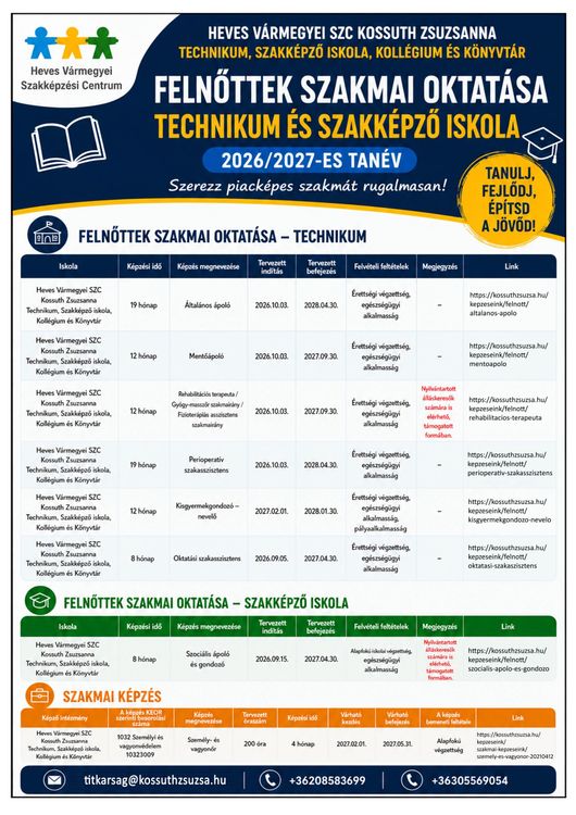 Felnőttek számára meghirdetett ingyenes képzéseink a 2026/2027-es tanévben